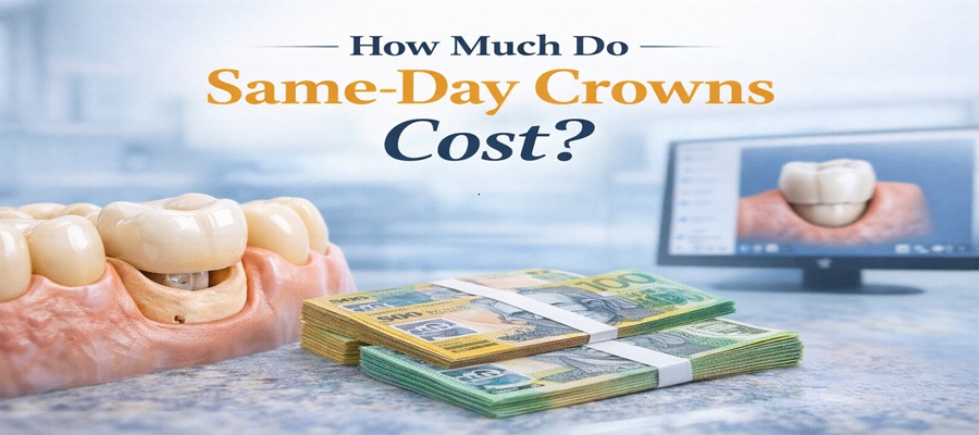 Illustration showing dental crowns on a model tooth, stacks of Australian cash, and a computer screen with a crown design, representing the cost of same-day dental crowns.