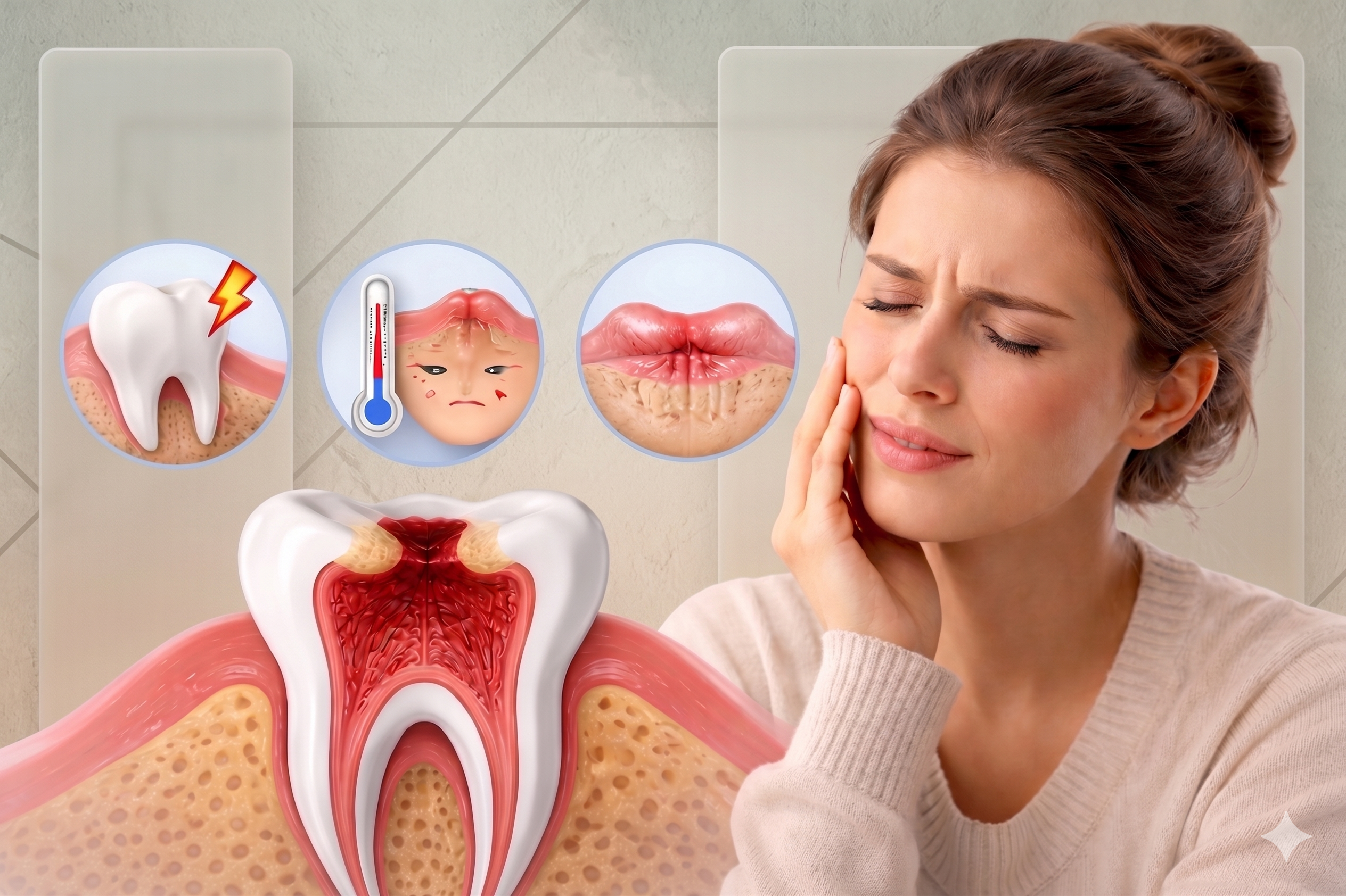 Woman experiencing severe tooth pain with dental illustration showing infected tooth pulp, sensitivity, swollen gums, and signs you need a root canal